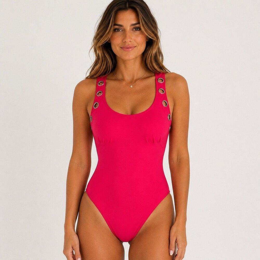 Juicy Couture One Piece Swimsuit Small Hot Pink Grommet Cross Back Y2K Barbiecor